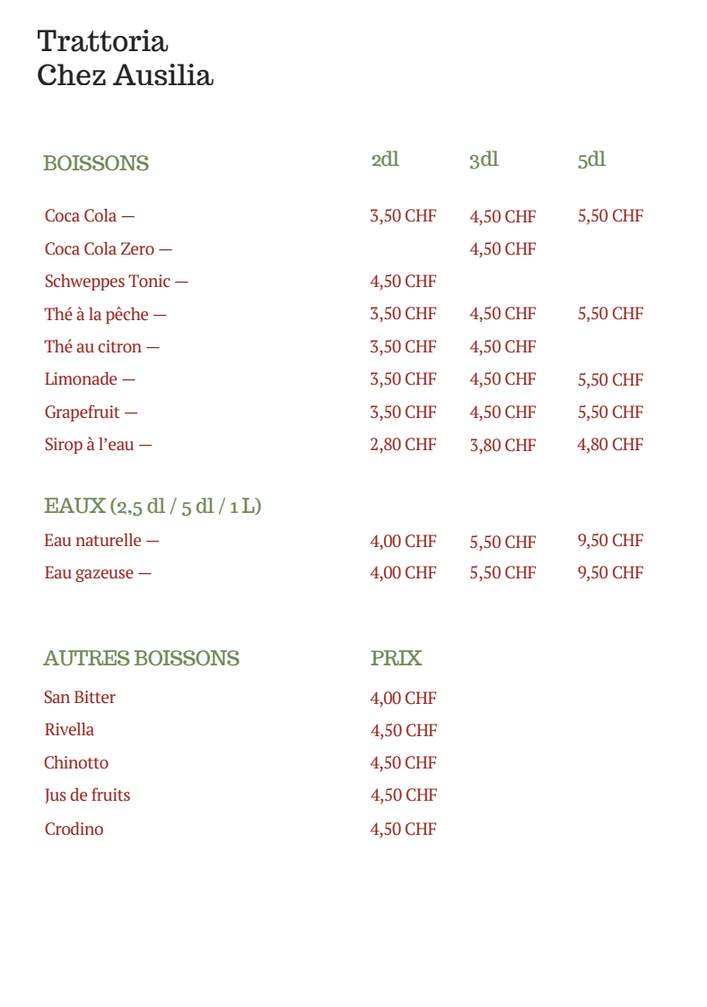 Menu des boissons