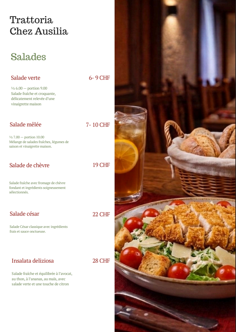 Menu des salades
